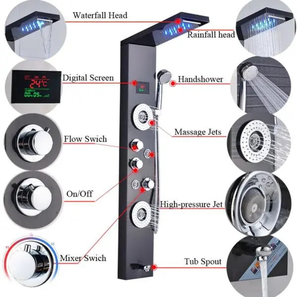 AAYAN Luxury Black Brushed Bathroom Shower panel With TEMPERATURE control - Image 5